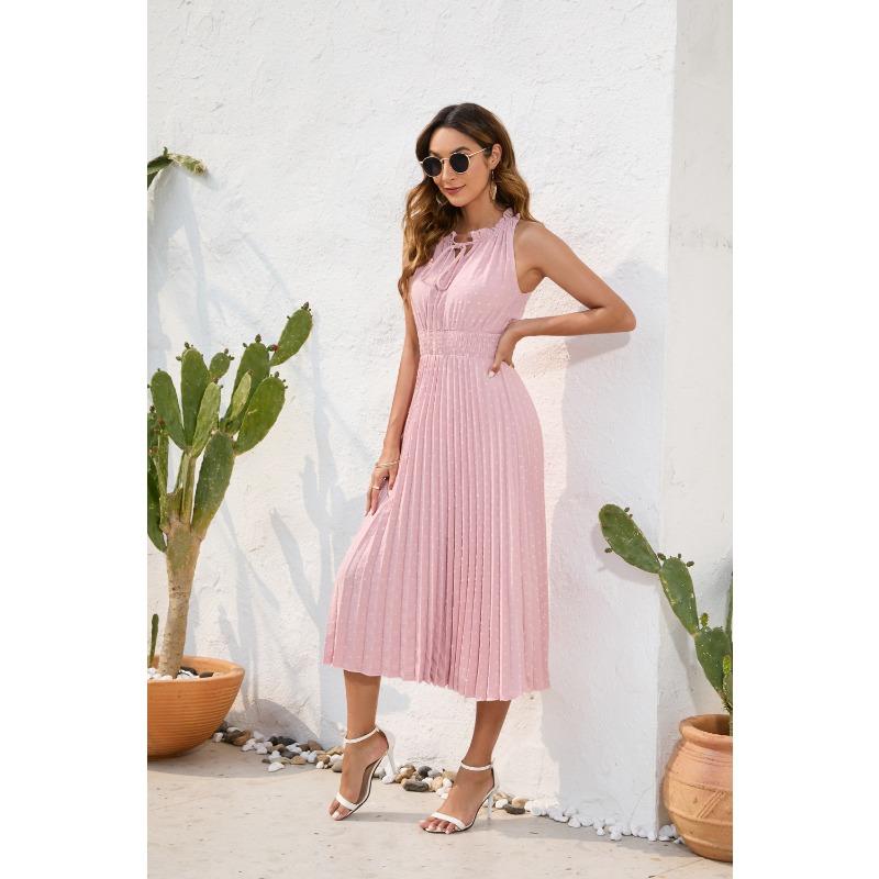Tie High Waist Pressure Pleated Sleeveless Summer Casual Vacation Travel Dresses