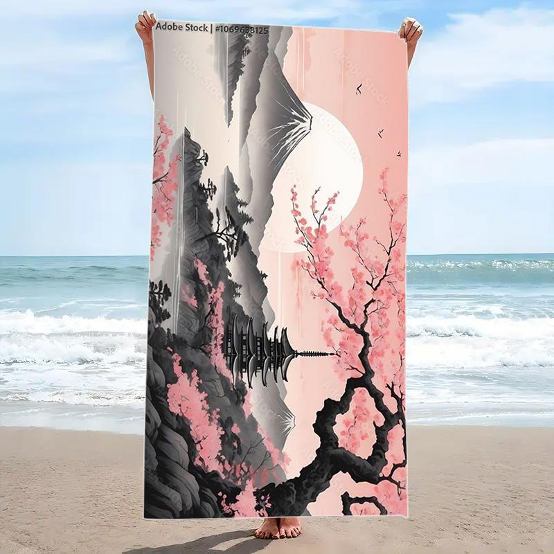 Mount Fuji Cherry Blossoms Print Beach Towel, Large Soft Quick Dry Towel for Beach Camping Swimming