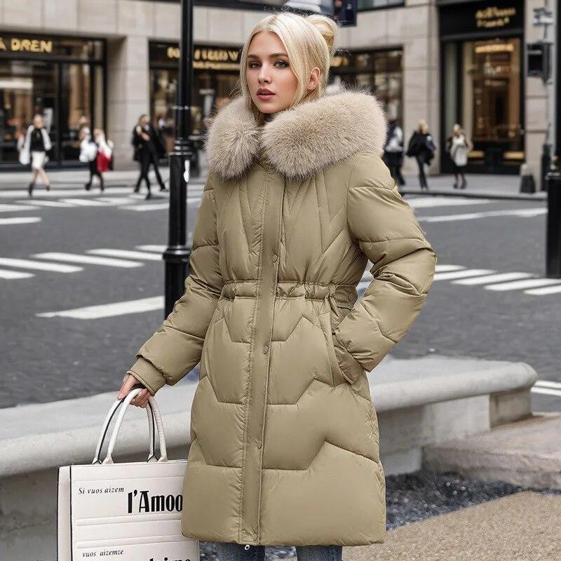 Fashion Solid Long Parkas Hooded Drawstring Loose Casual Winter Jackets Women Hooded Fur Collar Down Cotton Outwear