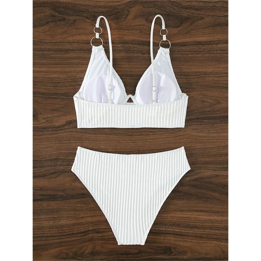 Сексуальный белый купальник-слинг с кольцами, пуш-ап, купальник с высокой талией, отпускная пляжная одежда в рубчик, женский комплект из 2 предметов