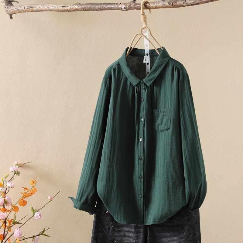 Двухслойная хлопковая пряжа с длинными рукавами, женская художественная рубашка с маленьким острым воротником, простая универсальная базовая рубашка, топ, блузки и рубашки