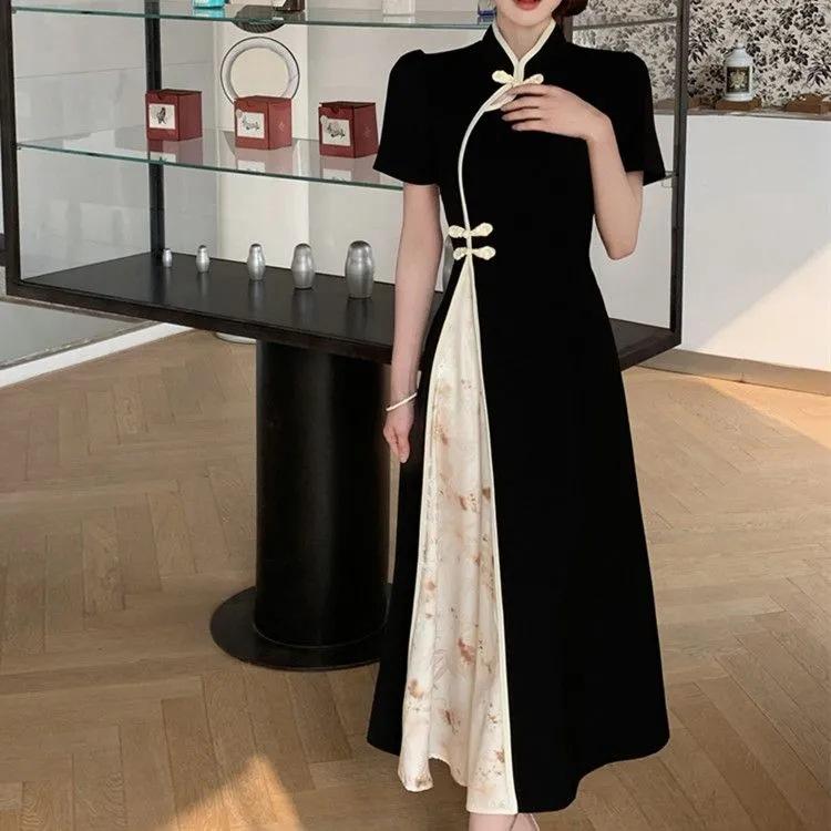 Новое улучшенное платье Cheongsam с пряжкой в ​​китайском стиле с короткими рукавами, летняя тонкая талия в стиле ретро и длинная юбка
