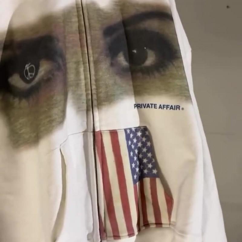 Unisex Dark Streetwear Hoodie With Patriotic Eye Print Oversized Fit Zipper Front Long Sleeve