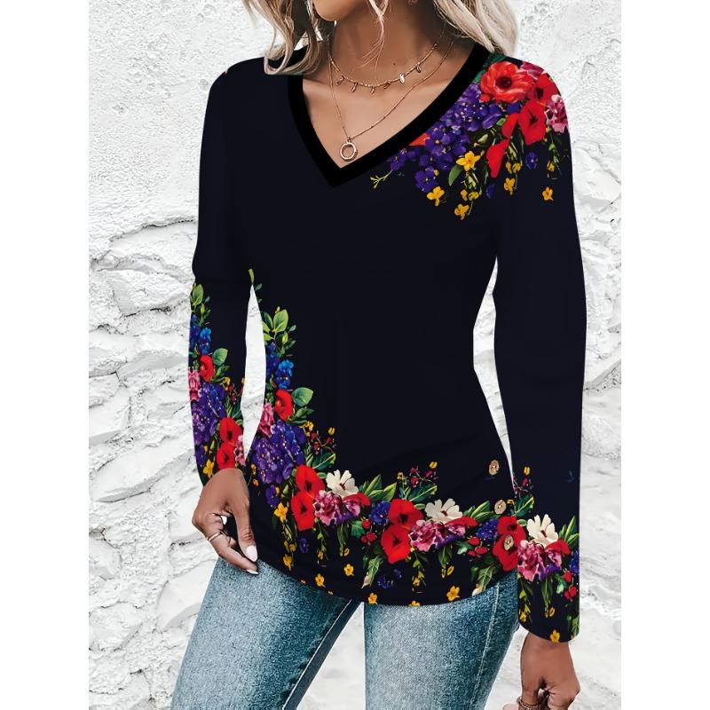 Women's 2025 Basic V-Neck Long Sleeve,Elegant Flower Printed Polyester Relaxed Fit Tee Shirt,Spring Autumn Casual Comfort Tops