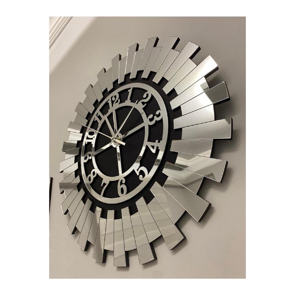 Large Silver Decorative Wall Clock Mirrored Plexiglass On Mdf With Turkish Numbers 60x60 Cm Clock