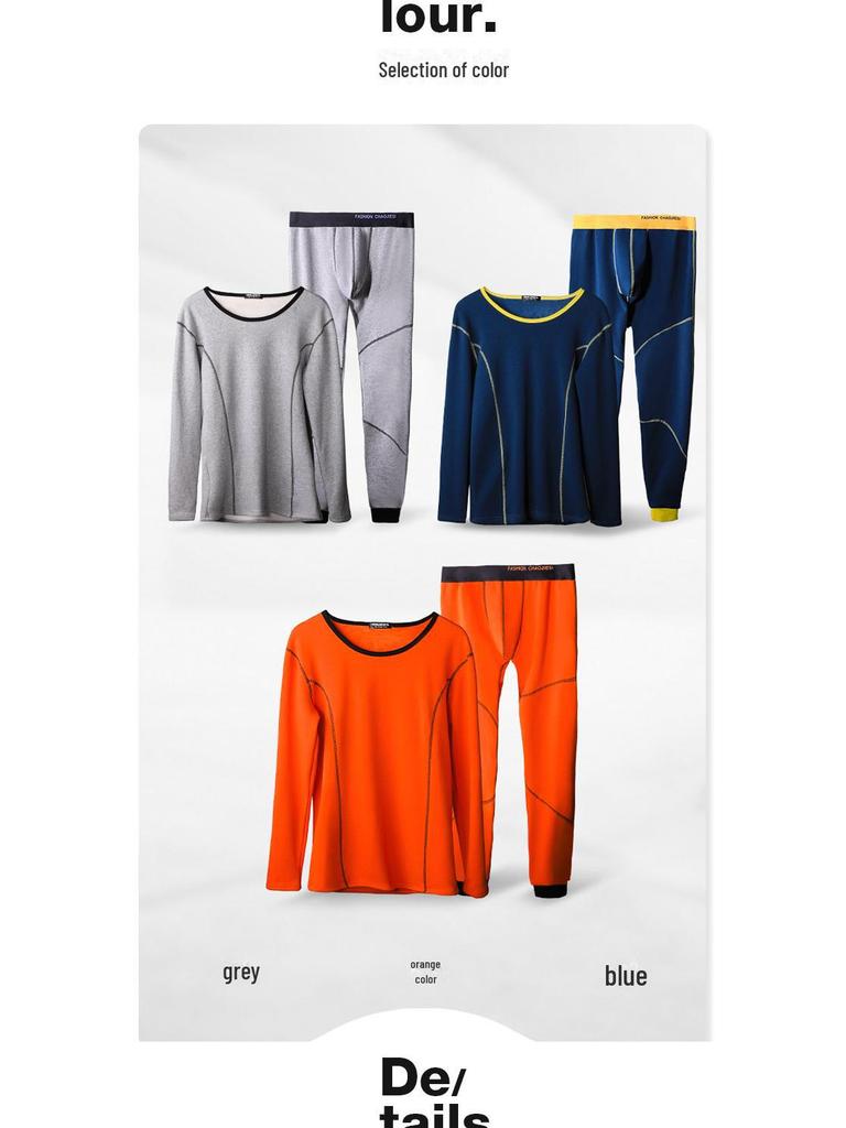 Мужской комплект термобелья из хлопка - круглый вырез, плюшевая подкладка, удобный зимний базовый слой сверху и снизу.