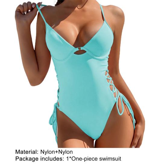 Women Swimsuit Solid Color One Piece Beachwear Padded Underwire Drawstring Swimwear Swimming