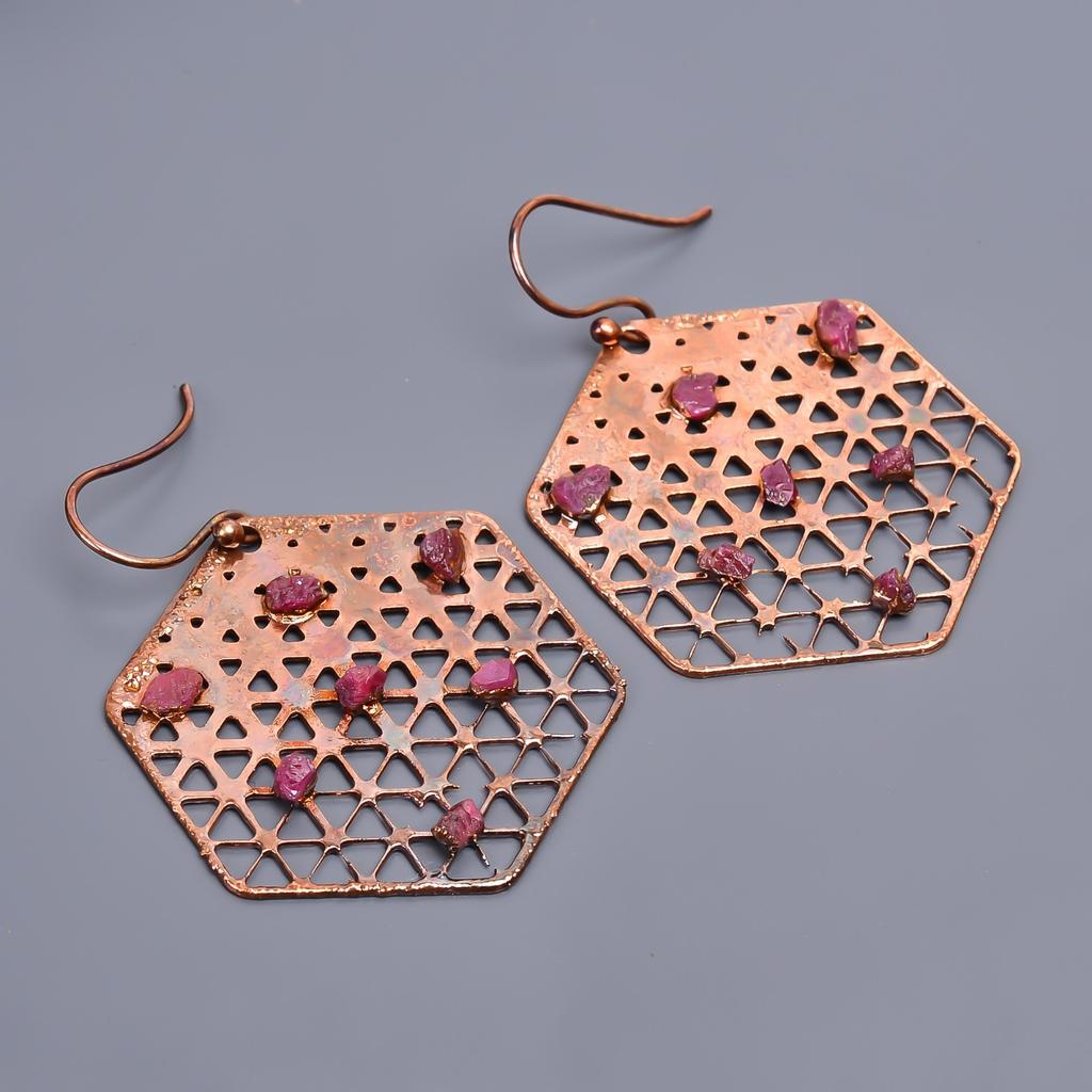 Серьги-подвески из меди с розовым рубином, гальванопластика, подарок для друга, ювелирные изделия V-45