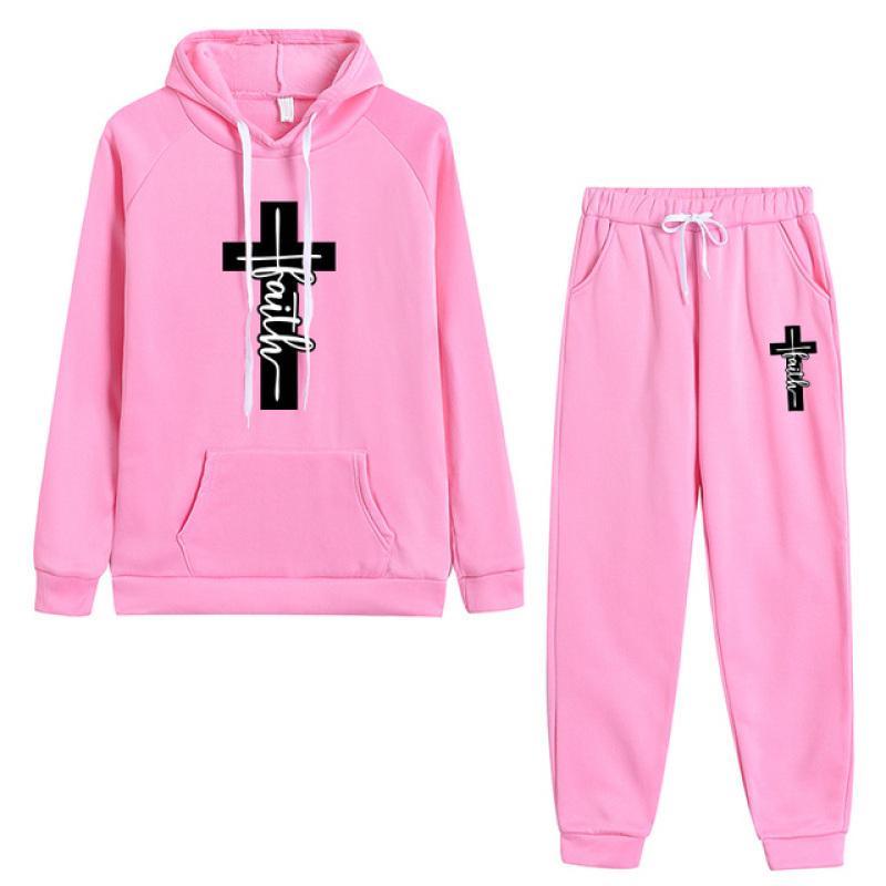 Jesus Crucifix Faith Printed Pant Sets Women Hoodie Sweatpants Solid Color Tracksuit Ladies Daily Casual Sport Jogging Suit