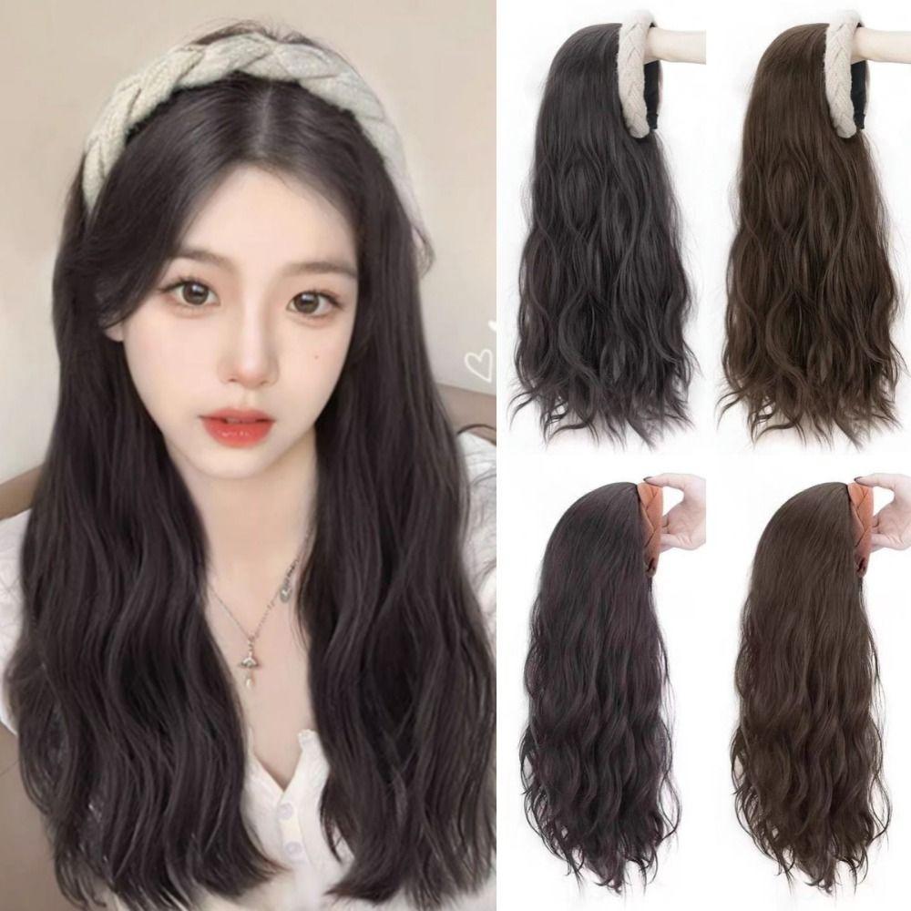 Clip in Half Headband Wig Korean Style Long Wavy Curly  Hair Wide Knit Headband Wig  Party