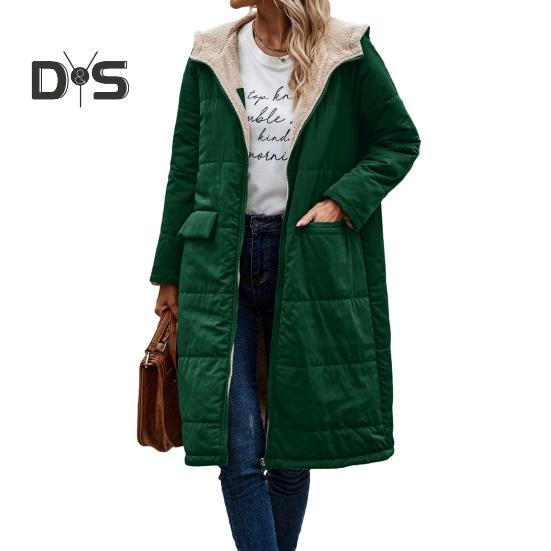 Women Winter Splicing Long Coat Hooded Long Sleeve Fleece Lining Outwear Zipper Placket Pockets Double Sided Wear Long Down Jacket
