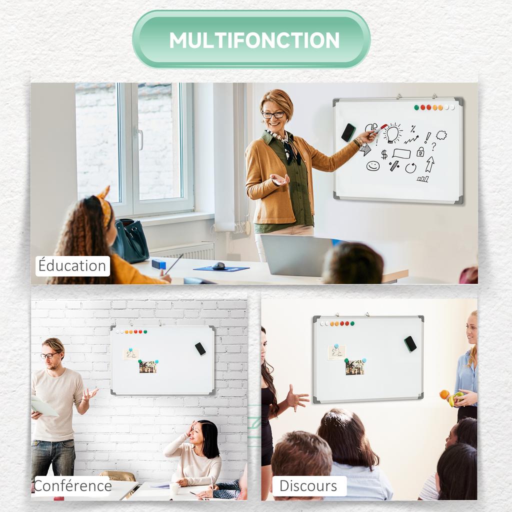 Magnetic Whiteboard with Aluminum Frame, 90 X 60 cm, with Markers, Eraser and Magnets