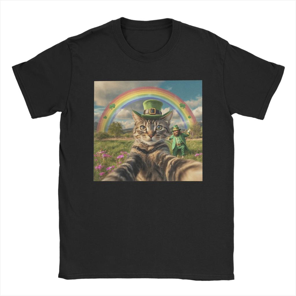 St Patricks Day Cat Selfie with Leprechaun Funny Photo T Shirt Beach Cotton T Shirts For Unisex Harajuku Casual Tee Shirt