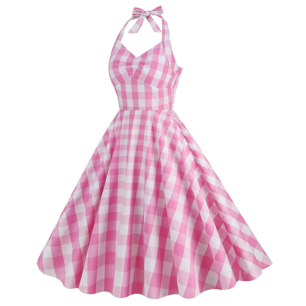 Women’s mid-length vintage-style dress with a flared skirt, pink checked pattern, fitted waist and halter neck