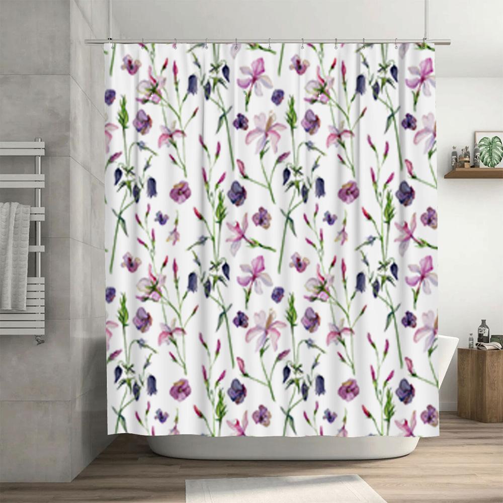 Floral Print Shower Curtain Watercolor Flowers Pink Purple White Bath Decor Home Decoration
