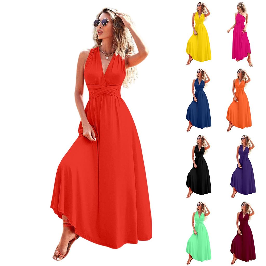 Женское модное летнее платье с открытой спиной и V-образным вырезом без рукавов на бретелях, однотонное платье