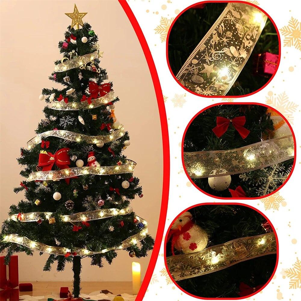 LED Ribbon Fairy Lights Christmas Tree Ornaments Lamp String Lights Lace Bow For Navidad Home New Year Christmas Decoration