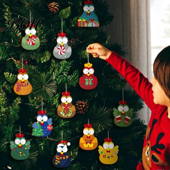 Cute Chicken Hanging Ornaments 12/24/36Pcs Christmas Chick Ornaments, Wooden Cartoon for Tree, Festive Gift Box Tags Holiday Decor Kids Family Friends