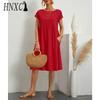 HNXC Женская мода лето весна однотонный принт О-образный вырез высокая талия повседневные платья