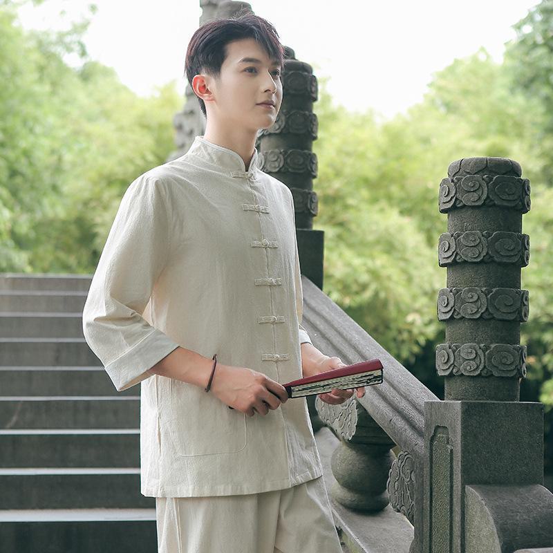 Мужская льняная рубашка в китайском стиле: Костюм Тан Весна, Лето, Осень