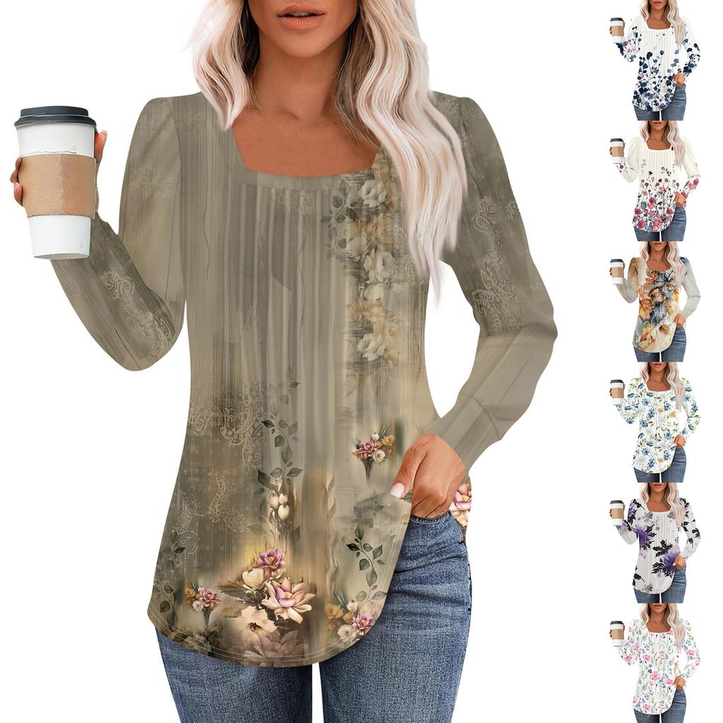Long Sleeve Shirts For Women Tops Dressy Casual Blouses Pleated Square Scooped Neck Tunic Tops