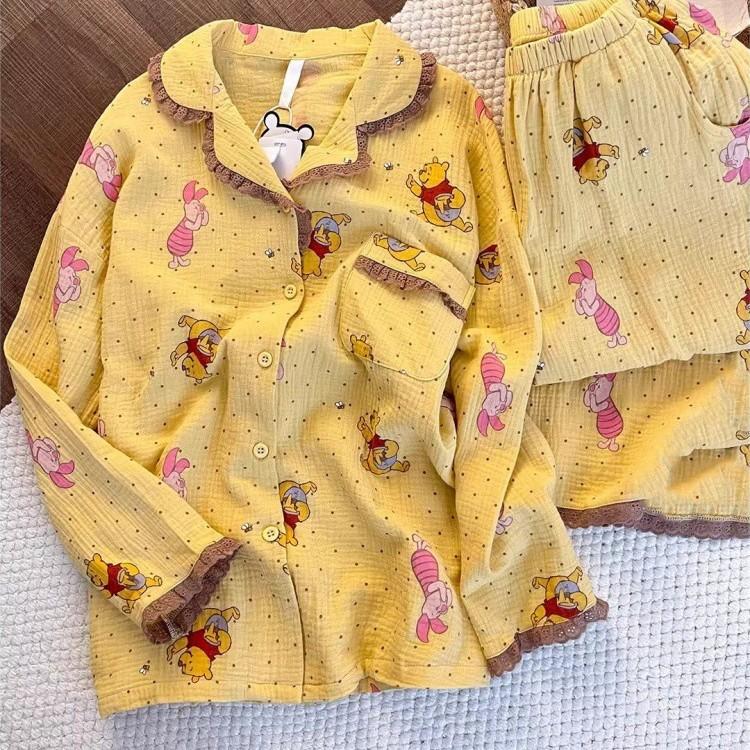 Желтый кружевной комплект пижамы для девочки-медвежонка весна-осень, длинный рукав и брюки, мягкий, милый, мультяшный, одежда для дома, комплект из двух предметов