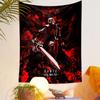 A bold red and black gothic design featuring a warrior with a sword. Patterned tapestry for bedroom and living room home decor