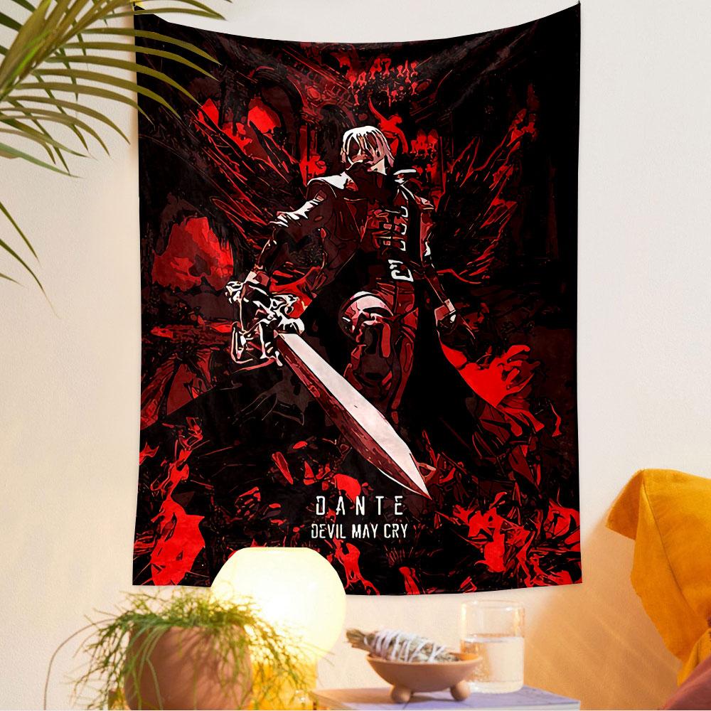 A bold red and black gothic design featuring a warrior with a sword. Patterned tapestry for bedroom and living room home decor