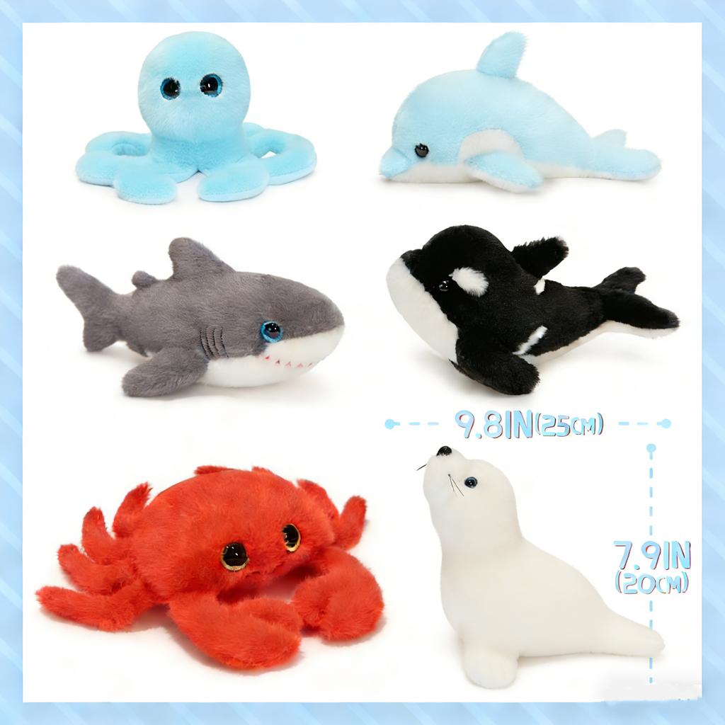 6Pcs Sea Animal Plush Toys Ocean Stuffed Animals 10'' Plush Whale Shark Turtle Seal Orca Octopus Party Favors Classroom Gifts