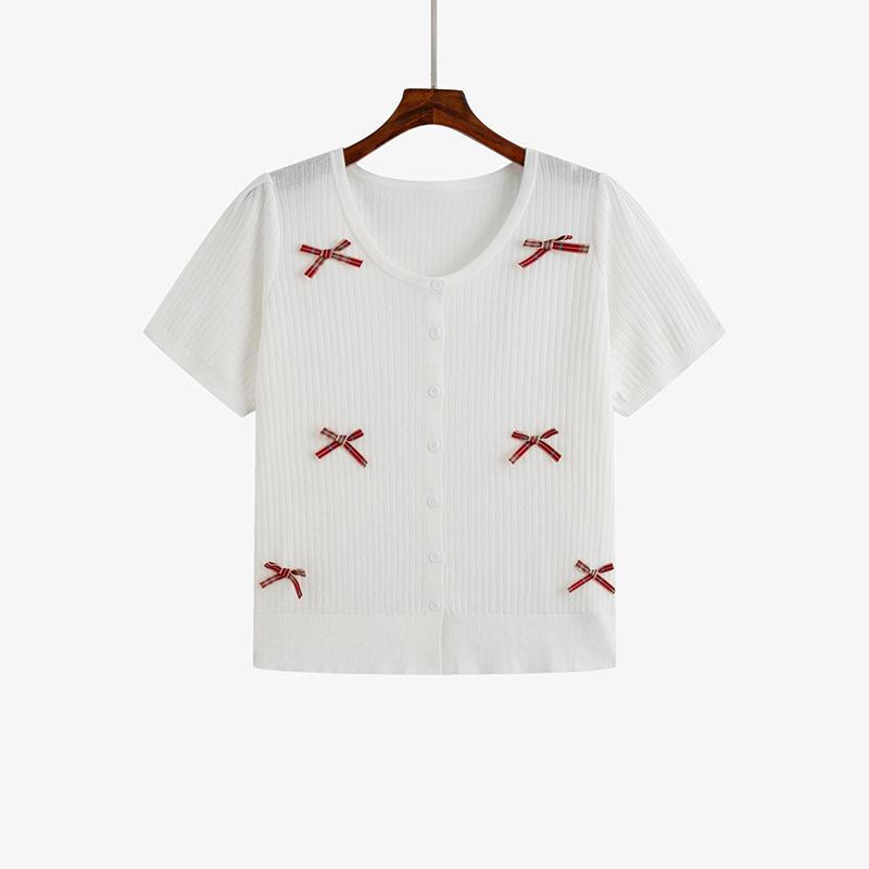 Женский кардиган с бантом большого размера, летний свободный вязаный свитер с короткими рукавами