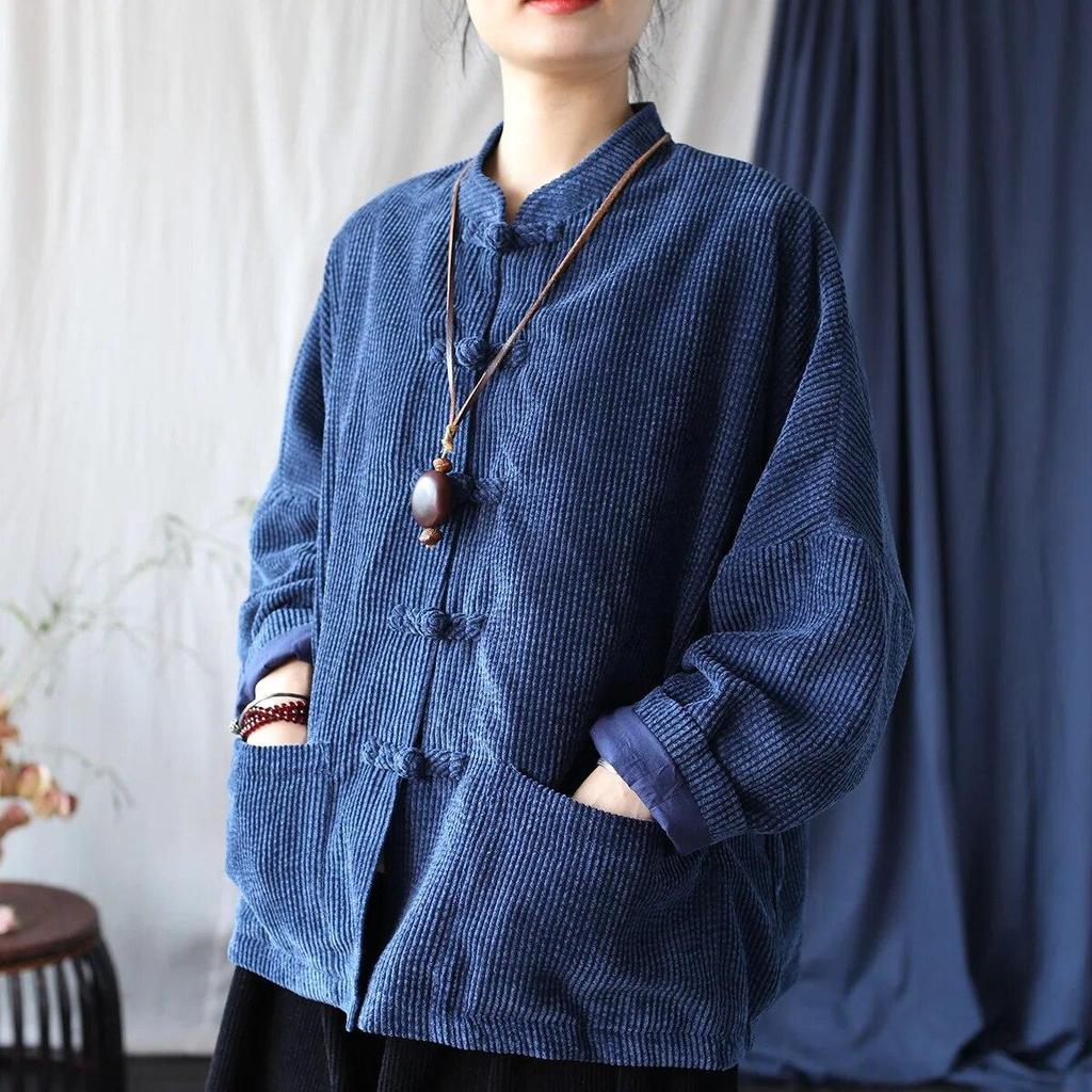 Johnature Women Vintage Stand Jackets Stand Long Sleeve Autumn Coats Button Solid Color Patchwork Pockets Jackets