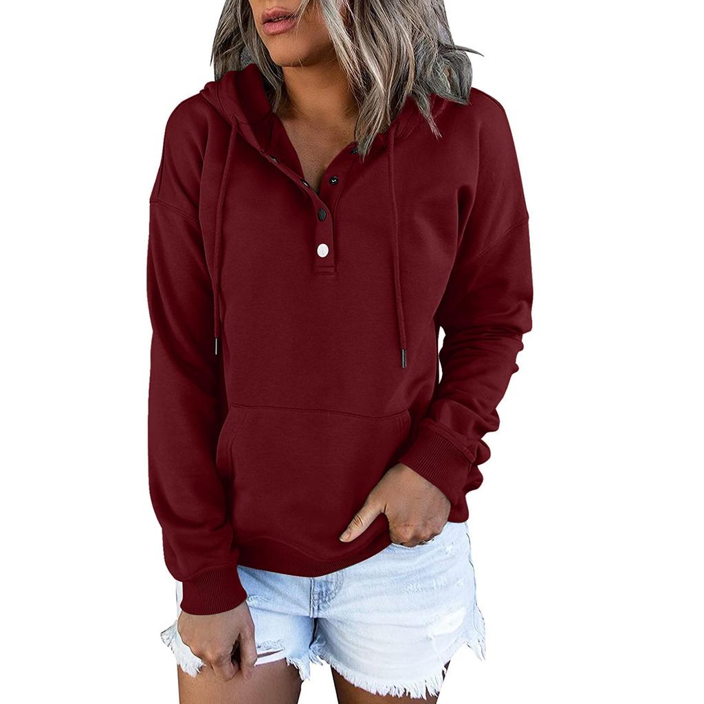 Женские пуловеры с капюшоном Топы Повседневные толстовки на пуговицах с длинным рукавом и карманом