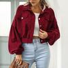Autumn Women Lapel Lantern Sleeve Cropped Jacket Solid Color Single Breasted Overcoat Outwear Vintage Corduroy Coat