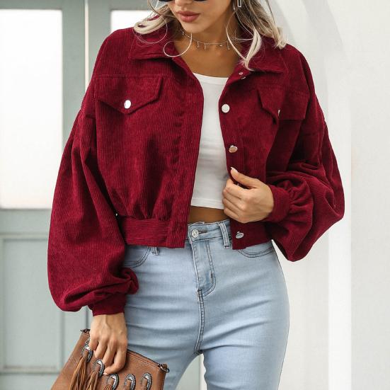 Autumn Women Lapel Lantern Sleeve Cropped Jacket Solid Color Single Breasted Overcoat Outwear Vintage Corduroy Coat