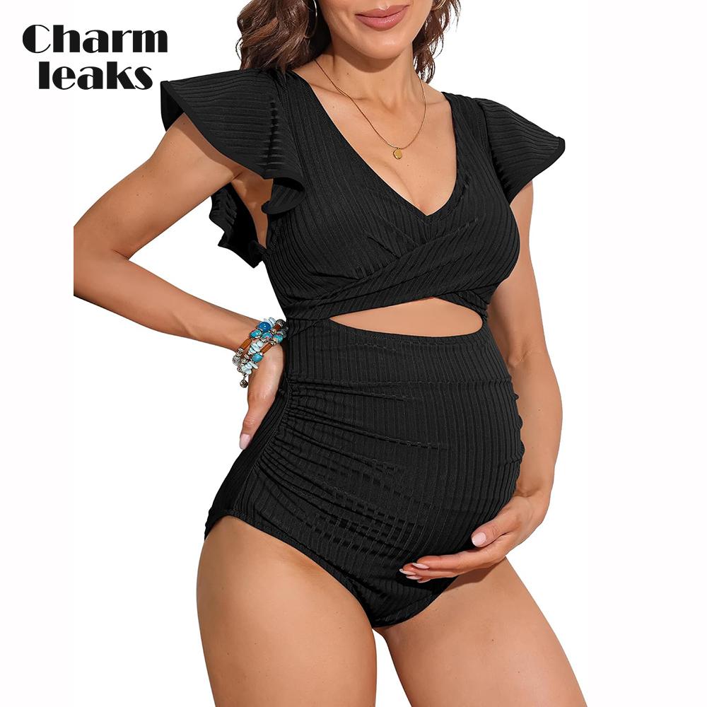 CHARMLEAKS Купальник для беременных в рубчик, цельный купальный костюм с рюшами и рукавами, рюшами и вырезами, завязывающийся узел, купальник для беременных