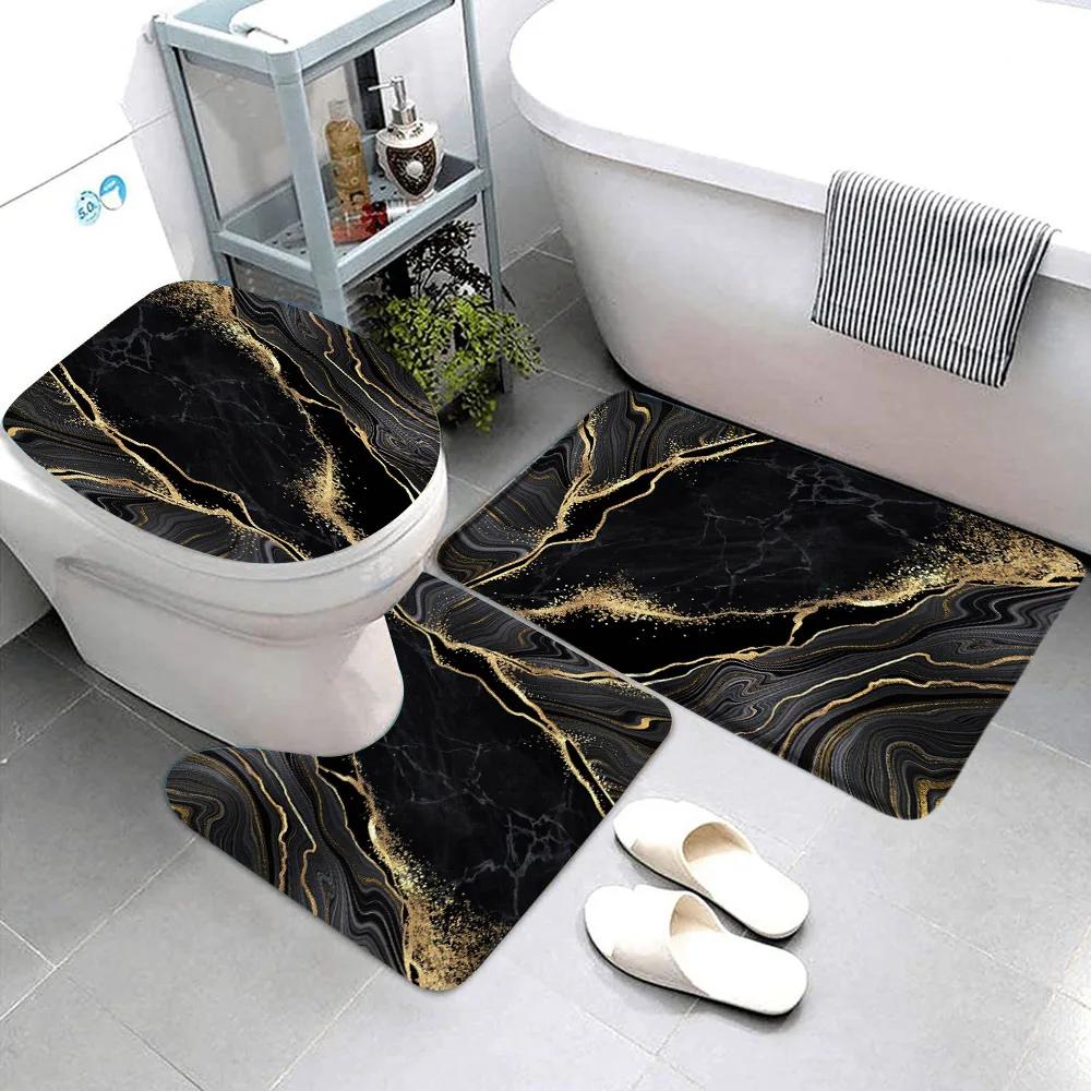 3pcs Sets Black Marble Bath Mats Gold Grey Lines Creative Abstract Geometric Art Home Bathroom Door Rug Anti-Slip Toilet Lid Mat