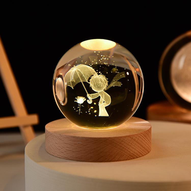 3D Crystal Ball Light Solar System Planet Pattern Crystal Ball Round Wooden Base Night Light for Kids Bedroom Table Desk Decor
