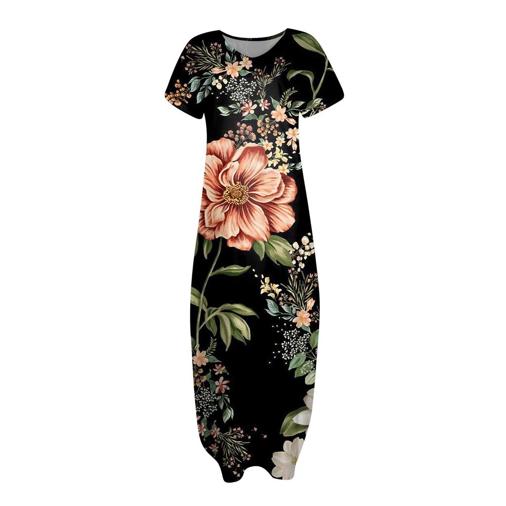 Women Summer Casual Loose  V Neck Short Sleeve Beach Maxi Long Dresses Trendy Outfits