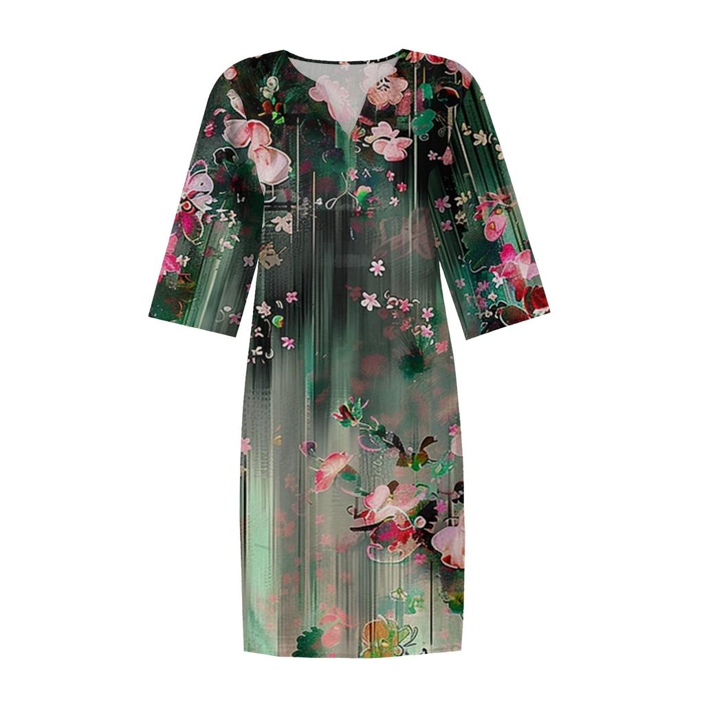 Women's Summer Casual Fashion Five-quarter Sleeve Printed V-Neck Loose Mid-Length Dress