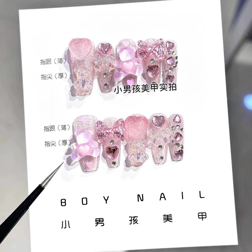 10Pcs Luxury 3D Rhinestone Handmade Transparent Press On Nails Shiny Long Coffin Reusable Full Cover Nail Art Gift