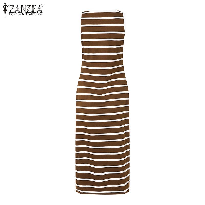 ZANZEA Женские винтажные трикотажные платья с круглым вырезом без рукавов в полоску