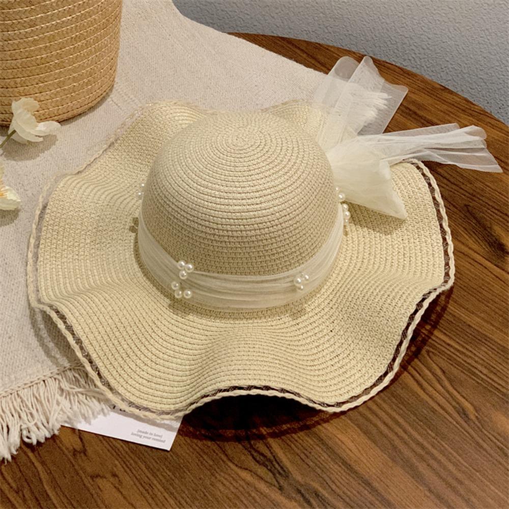 Весна-лето кружевная соломенная шляпа с жемчугом, большие поля, женская соломенная шляпа с бантом и лентой для девочек
