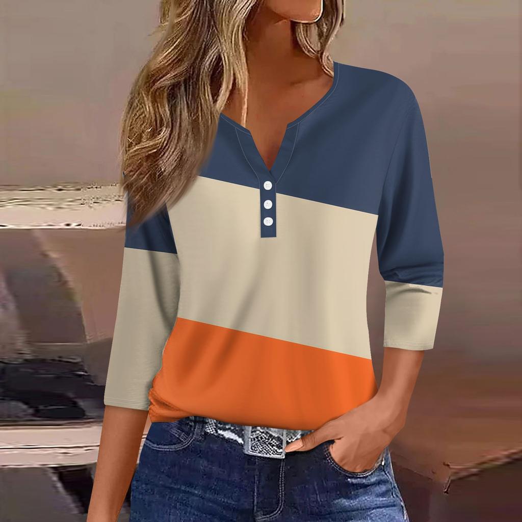Жен. Футболка Футболка С принтом Пуговицы Рукав 3/4 Повседневные Выходные Мода Классический V-образный вырез Обычный Топ