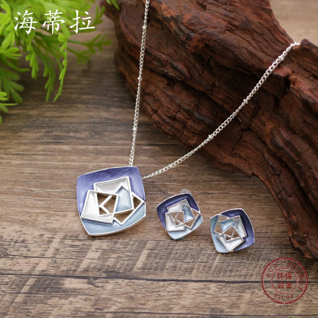 Новый эмалевый цвет, полый квадрат, геометрический набор серег-пусет, подвеска, персонализированное женское универсальное ожерелье