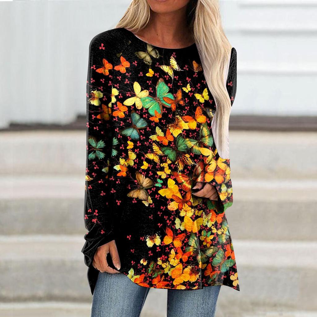 Осенние женские повседневные пуловеры с длинным рукавом и 3D принтом бабочки и круглым вырезом, футболки, женские модные топы, футболка, женские футболки, одежда