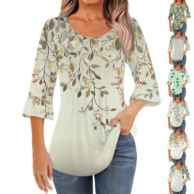 Женская модная повседневная плиссированная футболка с круглым вырезом и цветочным принтом, рукав три четверти