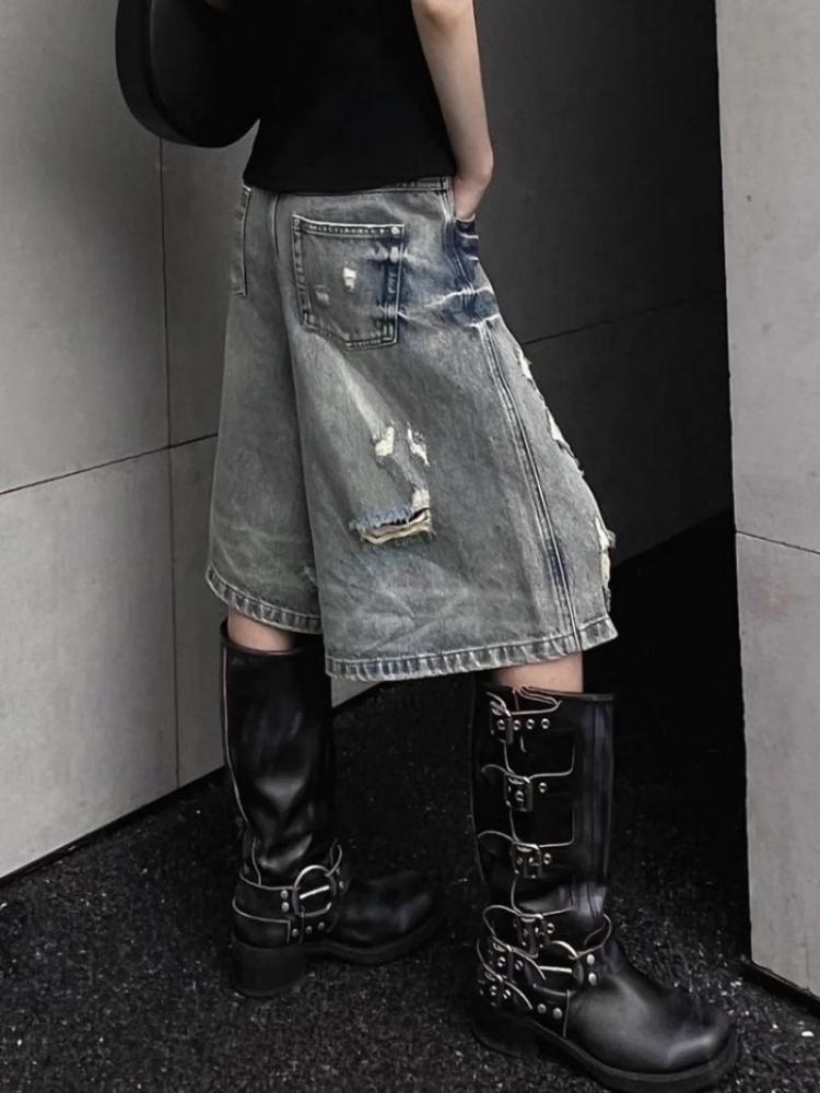 American Street Washed Blue Denim Shorts Y2k E-Girl High Waist Loose Wide Leg Jeans Fashion Hole Straight Knee Length Pants