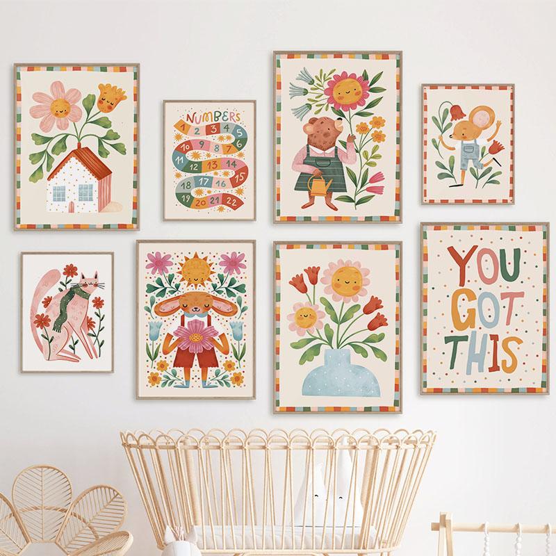 Colorful Bear Rabbit Cat Mouse Flower Leaf Abstract Animal Posters Prints Wall Art Canvas Painting Pictures Baby Kids Room Decor