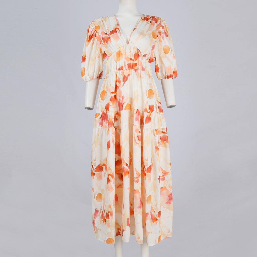 Women's Bohemian Floral Midi Smocked Beach Loose Casual Dress