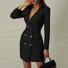 Офисный женский двубортный пиджак с V-образным вырезом и длинными рукавами, облегающее мини-платье